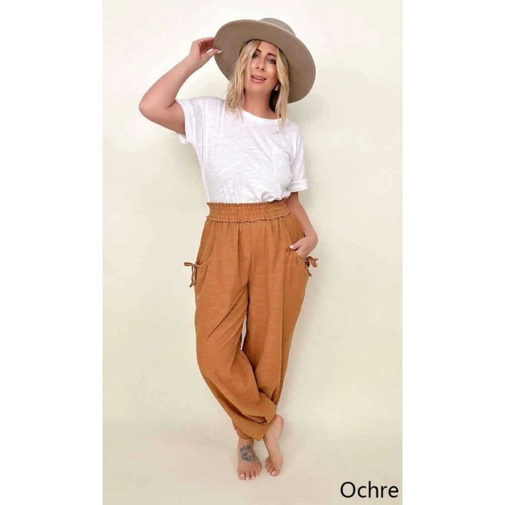 GiGio USA Ochre Brown Cotton Gauze Pants Smocked Waist Boho Large TA2319